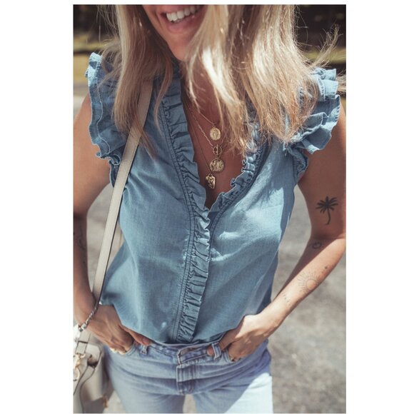 💙 NEW Beau Blue Frilly Ruffle Trim V-Neck Chambray Tank Top – Size XL - Picture 1 of 6